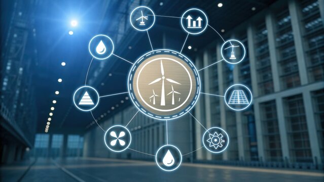 A digital illustration depicting renewable energy icons, including wind turbines and solar panels, set against a modern industrial backdrop.