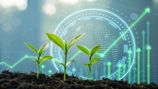 Image features young plants growing from soil, symbolizing growth and sustainability, with a digital background indicating progress and environmental data.