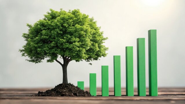 A vibrant green tree growing next to rising green bars, symbolizing growth and sustainability in a natural environment.