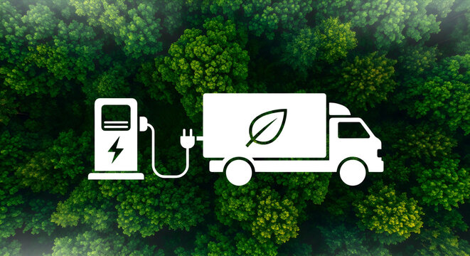 Eco-friendly electric delivery truck charging amidst lush green forest, symbolizing sustainable transportation and renewable energy solutions for a greener future, clean energy innovation