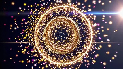 Glowing golden ring made of shimmering particles elegantly rotating in the center of the screen, surrounded by sparkling bokeh and a bright lens flare on a dark background