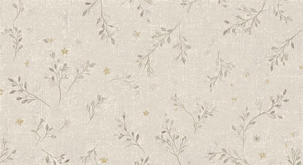 Delicate floral pattern with small branches and leaves on a textured light beige background design element
