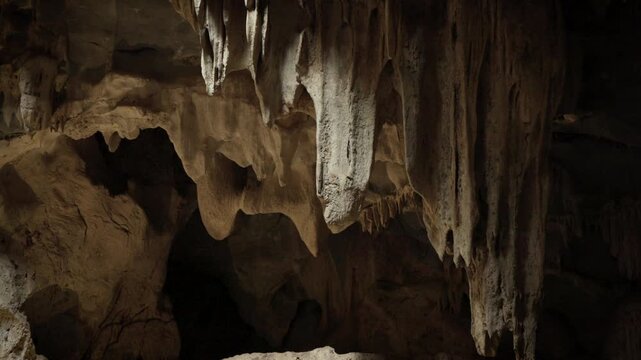 atural limestone cave texture with stalactites and stalagmites in darkness. Mysterious underground tunnel in Thailand.	
