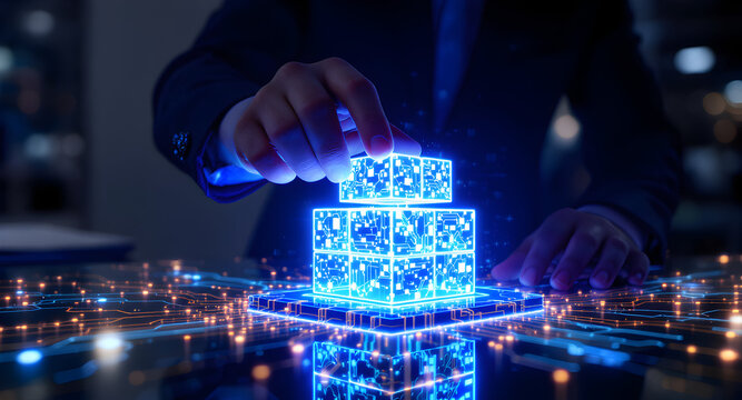 Innovative developer assembling digital blocks, building a futuristic tech structure with glowing circuit patterns for a modern technology company's success story
