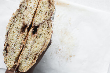 Overhead view of jam filled artisan bread, a homemade artisan bread with a jam swirl filling