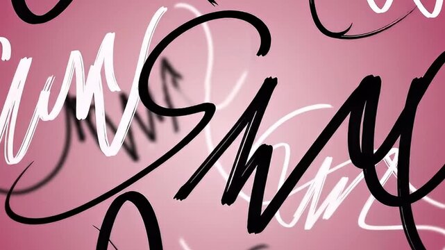 An energetic and visually striking abstract animation features a vibrant gradient pink background layered with dynamic, free-flowing brushstrokes in contrasting black and white. The hand-drawn style l