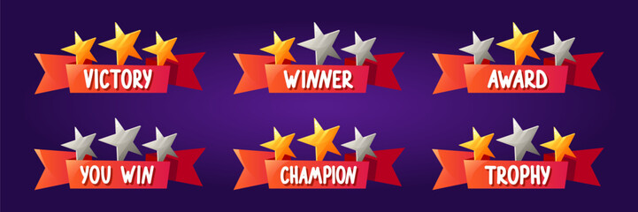 Colorful banners with text representing victory, winner, award, you win, champion, and trophy. Each banner features stars and vibrant colors. Game progress.