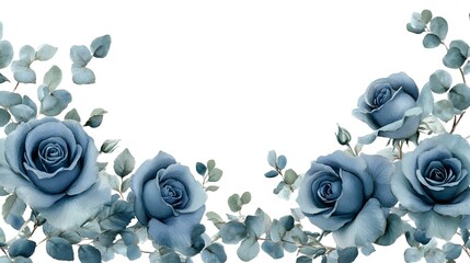 Watercolor illustration features dusty blue roses and eucalyptus foliage framing a white background