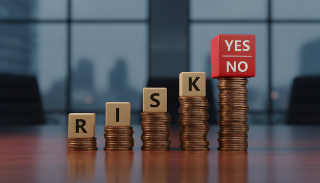 Evaluate financial risk with yes no decision block on stacked coins - visualize investment strategy, potential reward, and the importance of informed choices in business ventures