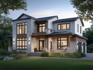 A modern two-story house featuring a blend of stone and wood, surrounded by greenery, with large windows and a welcoming porch.
