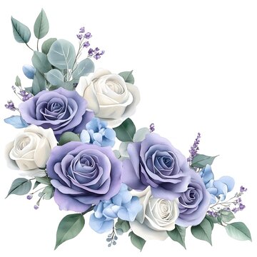 Delicate floral arrangement featuring lavender and white roses with blue accents clusters in a corner design