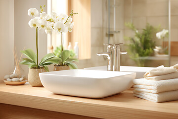 Fototapeta premium A serene bathroom countertop featuring a sleek sink, elegant orchids, and neatly folded towels, creating a calming and stylish atmosphere.