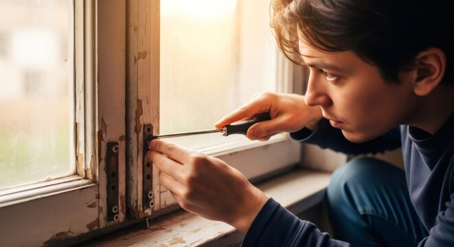 Man repairing old window with screwdriver. Home improvement and maintenance concept. Renovation project for house upgrade.