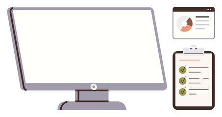 Blank desktop monitor beside analytics chart in a browser window and clipboard with checked tasks. Ideal for productivity, organization, analytics, project management, task tracking, work efficiency