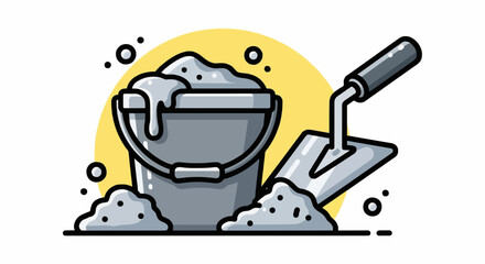 Cartoon cement mixing icon, bucket and trowel illustration