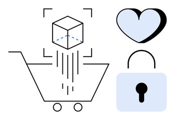 Shopping cart with a digital 3D model, heart symbol for customer loyalty, and lock for secure transactions. Ideal for online shopping, technology, e-commerce, trust, security, loyalty