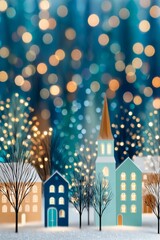 Cozy winter village with glowing lights and bokeh festive atmosphere