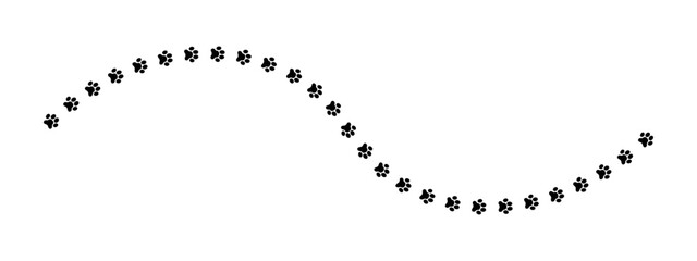 Winding track of wet or mud paw prints of dog or cat. Path with footprint silhouettes. Steps of running or walking wild animal or pet isolated on white background. Vector graphic illustration.
