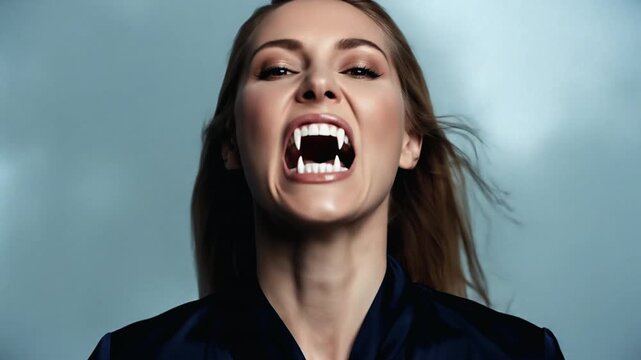 Blonde Studio Beauty with Wind-Blown Hair Revealing Her Fangs in a White-Blue Fog Background