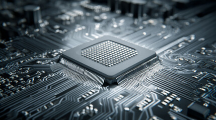 Close-up of a computer CPU chip with blank surface highlighting modern electronic and digital technology, microprocessor design, and futuristic computing concept perfect for tech visuals