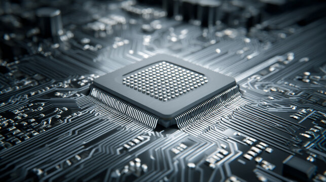 Close-up of a computer CPU chip with blank surface highlighting modern electronic and digital technology, microprocessor design, and futuristic computing concept perfect for tech visuals - Powered by Adobe