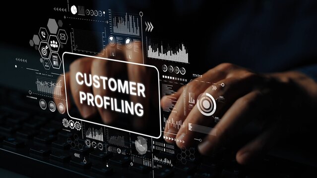 Hands Typing on Keyboard with Digital Overlays Representing Customer Profiling and Data Analytics in Modern Business Environment. Asymptotic smart data analytic.