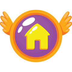 Yellow House Icon With Orange Wings On A Purple Circle With Golden Border Isolated On Transparent Background
