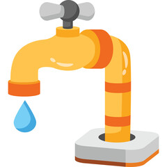 Yellow metal water faucet with blue droplet falling in a white background with orange accents and silver handle