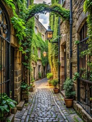 Fototapeta premium Vintage cobblestone alleyway nestled between historic stone buildings, lined with ornate ironwork and overgrown with ivy