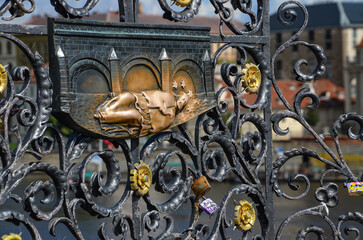 Czech Republic, Prague September 6, 2025.   A relief of John of Nepomuk on the Charles Bridge in Prague. Touching it brings luck and makes wishes come true.