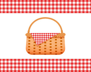 Empty wicker picnic basket with napkin and borders with red checkered gingham texture of napkin. Handmade woven willow hamper isolated on white background. Vector cartoon illustration.