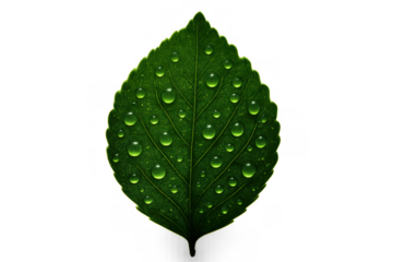 Green leaf with water drops isolated on a transparent background showing freshness and nature's vitality