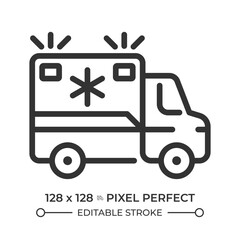 Ambulance pixel perfect line icon. Medical service, rescue operation. Paramedic transport. Emergency response. Isolated vector illustration. Outline symbol. Simple linear drawing. Editable stroke
