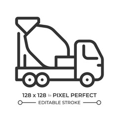 Concrete mixer truck pixel perfect line icon. Heavy machinery, construction logistics. Transportation industry. Isolated vector illustration. Outline symbol. Simple linear drawing. Editable stroke