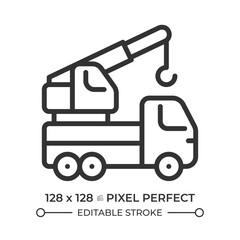 Mobile crane truck pixel perfect line icon. Heavy transportation, construction vehicles. Industrial equipment. Isolated vector illustration. Outline symbol. Simple linear drawing. Editable stroke