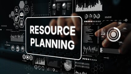 Hands Typing on Keyboard with Resource Planning Text and Digital Data Visualization in Black and White Theme. Asymptotic smart data analytic.