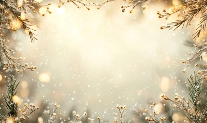 Golden glitter berries and frosted pine branches forming a festive frame with falling snow and bokeh lights on a warm background