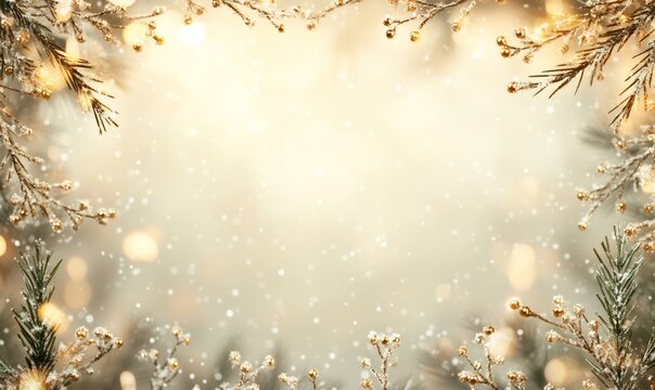 Golden glitter berries and frosted pine branches forming a festive frame with falling snow and bokeh lights on a warm background