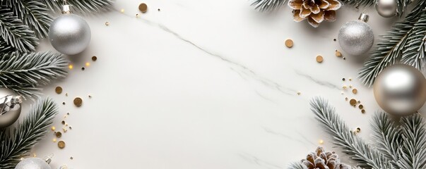 Festive christmas fir branches, frosted pine cones, and silver ornaments creating a holiday border on white marble with glitter