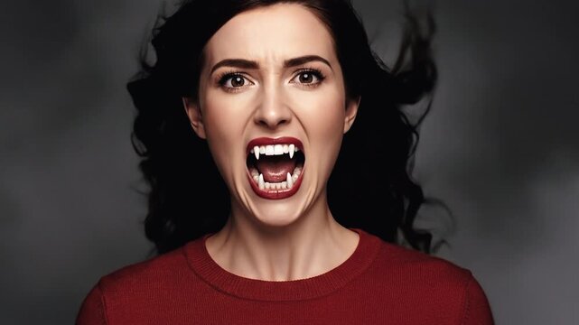 Mid-Age Woman in Red Sweater Revealing Her Fangs as Wind Blows Her Hair in a Foggy Black Studio
