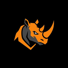 Obraz premium Orange and gray rhino head logo with a determined expression on a black background.