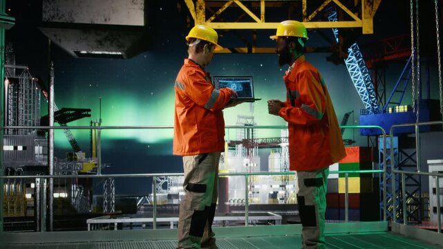 Offshore engineers use AI machine learning tools on laptop for drilling rig operations, artificial intelligence to support safe oil and gas extraction activity from the ocean ecosystem. Camera A.