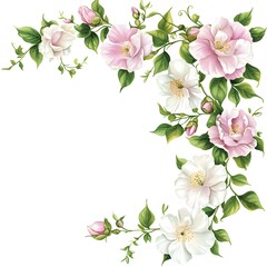Obraz premium Elegant arrangement of pink and white blossoms with lush green foliage forms a decorative corner border