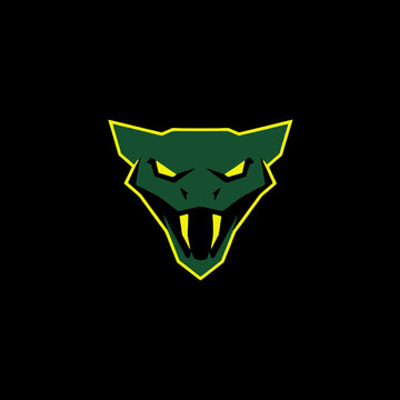 A stylized illustration of a green snake head with sharp yellow fangs and glowing eyes.