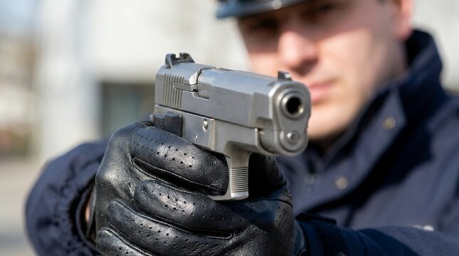 A person in a dark uniform and black leather gloves aims a metallic handgun directly at the camera with a blurred outdoor background weapon firearm aiming pistol male man crime danger