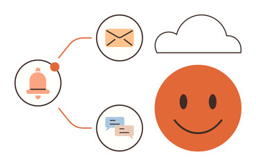 Cloud concept linking email, notifications, and messages to a smiling face. Ideal for digital communication, teamwork, collaboration, success, notifications UX and workflow. Simple flat metaphor