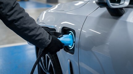 Person wearing black gloves inserts a blue charging cable into the port of a modern electric vehicle highlighting sustainable transportation and technological innovation car EV technology