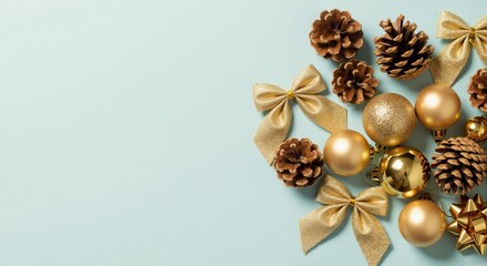 Christmas and New Year decorations on a light blue background. Festive flat lay with golden ornaments, bows, and pine cones with copy space for text