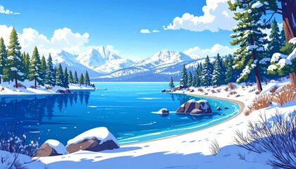 This illustration beautifully captures Lake Tahoe, located on the border of Californi