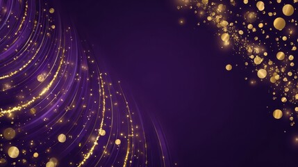 Luxury abstract design with flowing gold lines and particles on dark purple background. Elegant tech style with dynamic movement effects for premium brand and futuristic projects.